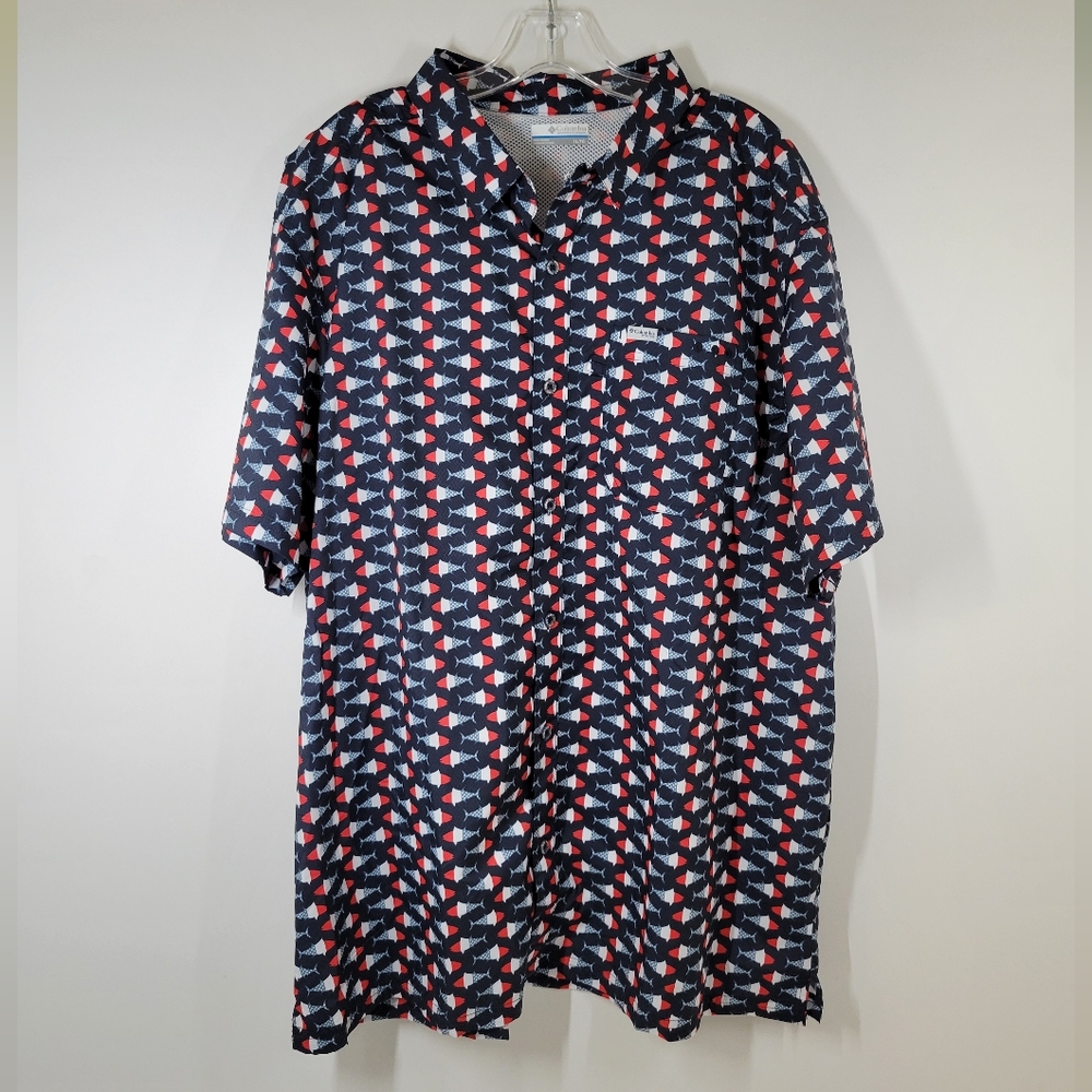 Columbia PFG Red White Blue Fish 4th of July USA Print Button Up Shirt Men Sz XL